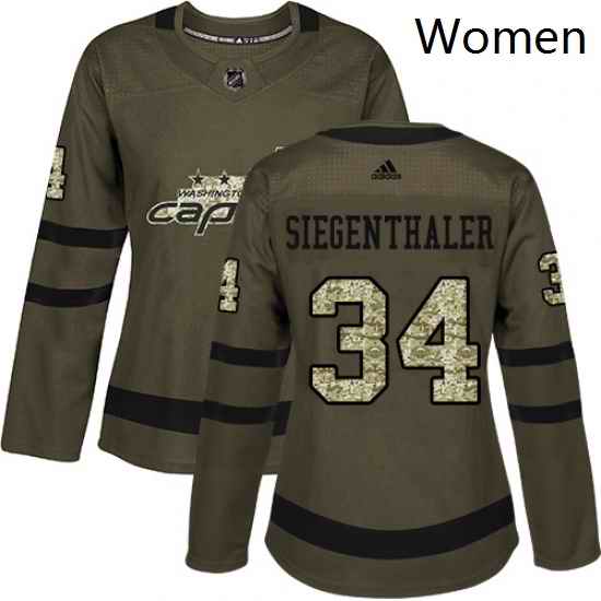 Womens Adidas Washington Capitals 34 Jonas Siegenthaler Authentic Green Salute to Service NHL Jersey